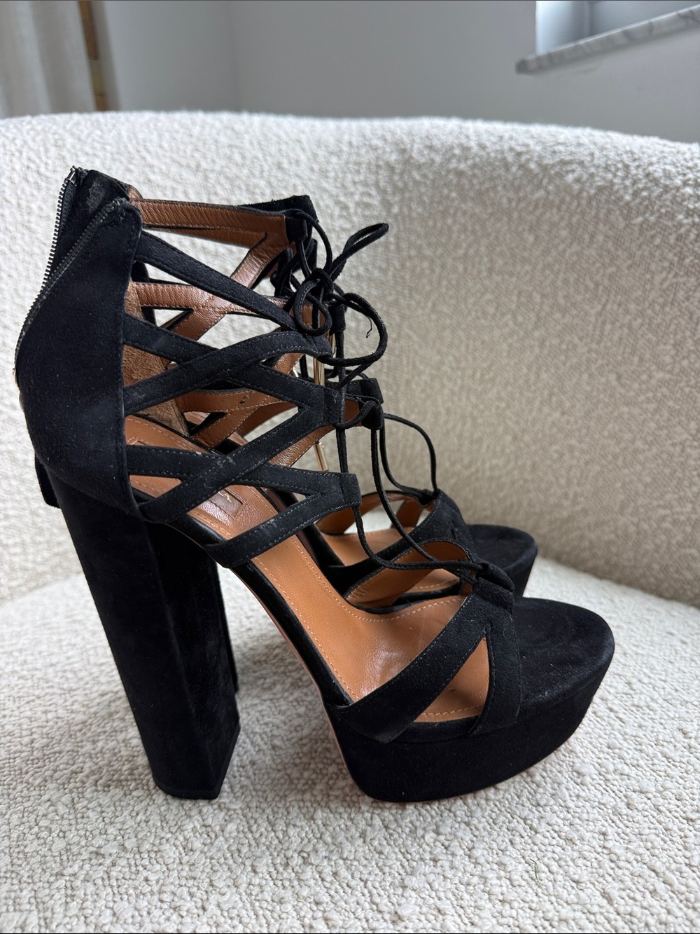 Aquazzura Black Suede Lace-Up Platform Sandals